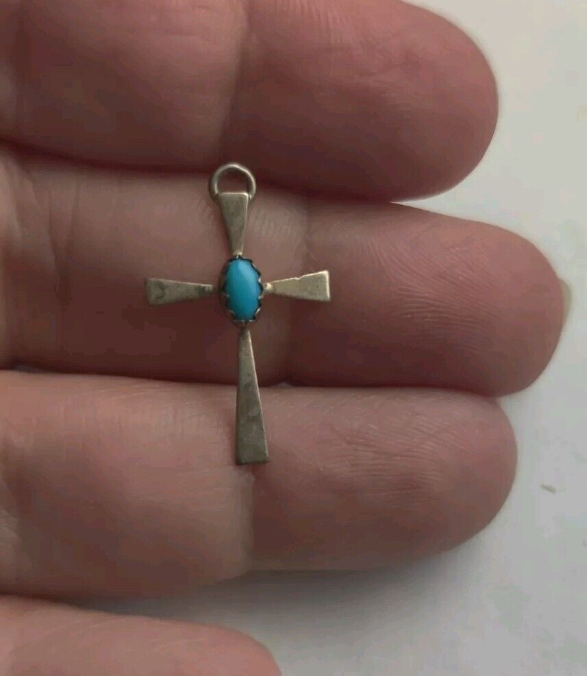 Vintage Native American Turquoise 925 Sterling Silver Cross Pendant 3/4\