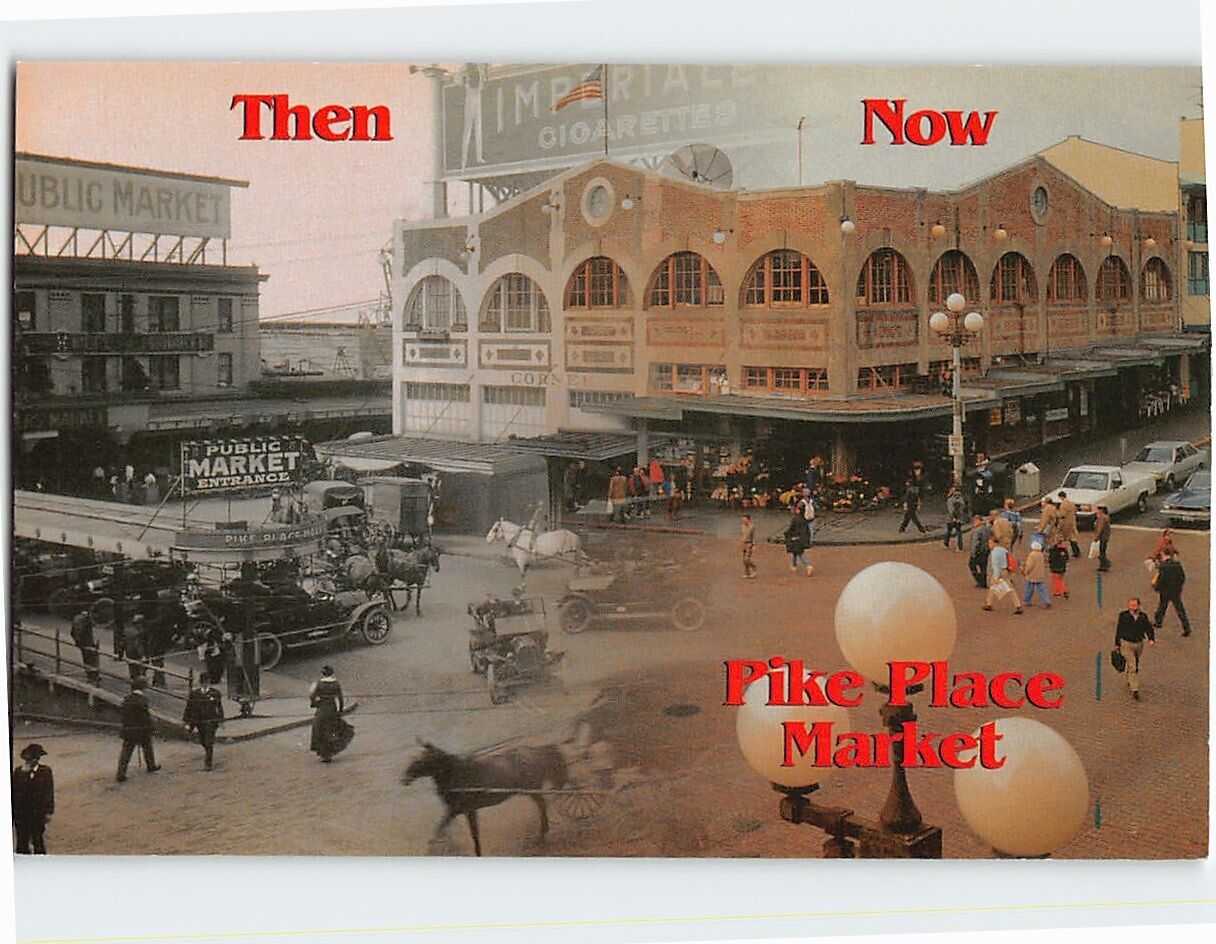 Postcard Then And Now Pike Place Market Seattle Washington USA