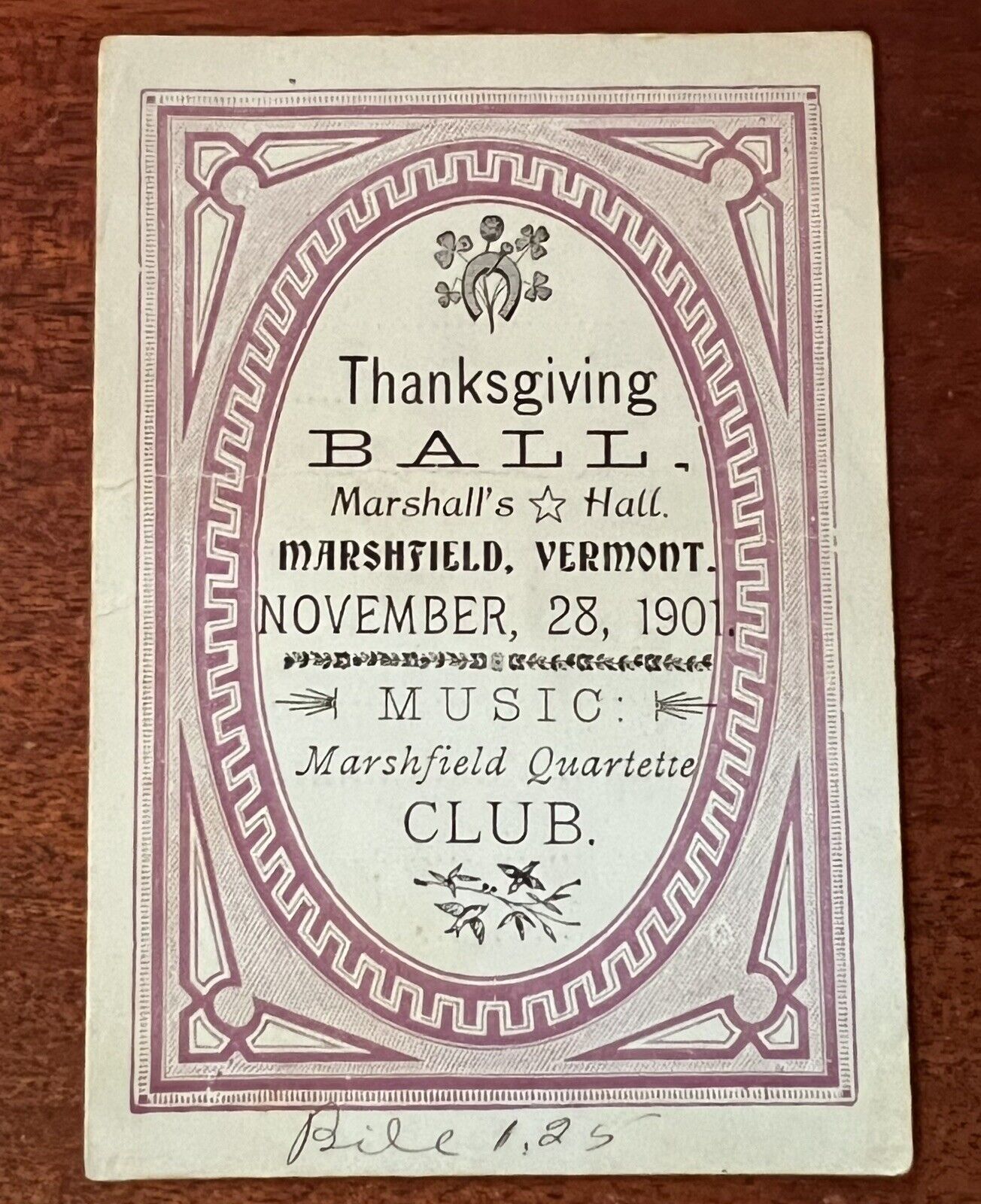 ATQ 1901 Thanksgiving Ball Invitation Card Marshfield VT Vermont Dance List