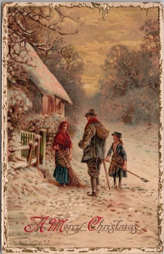 c1910s Winsch MERRY CHRISTMAS Embossed Postcard / Beautiful Winter Scene UNUSED