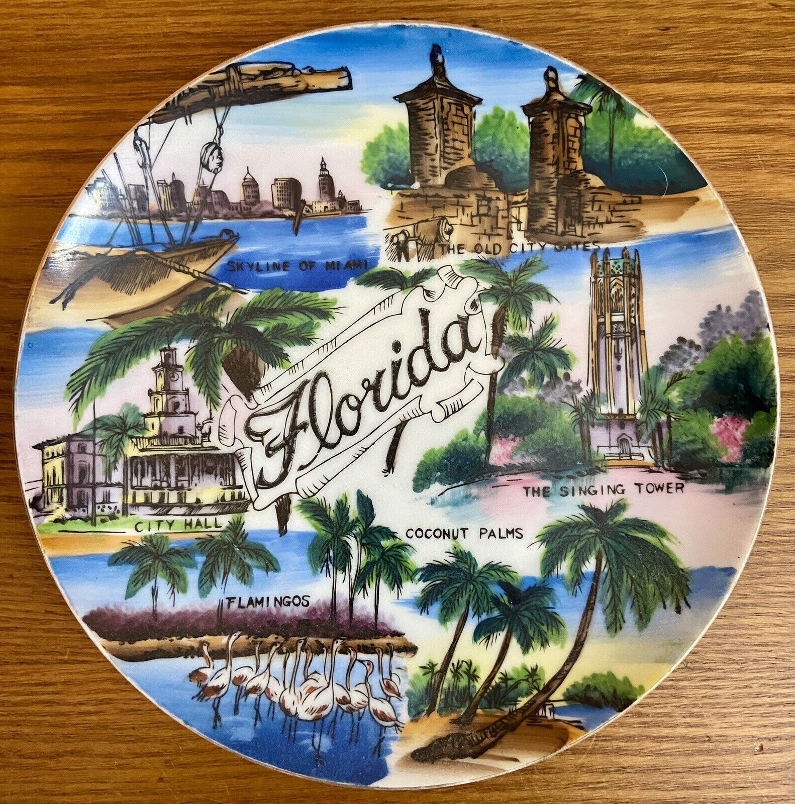 Vintage 50s Florida Souvenir Palm Tree Ceramic Plate Perfect For Tiki Bar Decor