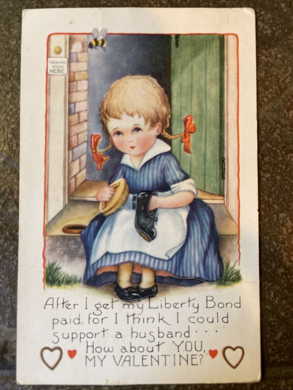 Vintage Valentine’s Day c.1920’s Postcard Whitney Made Shoeshine Girl