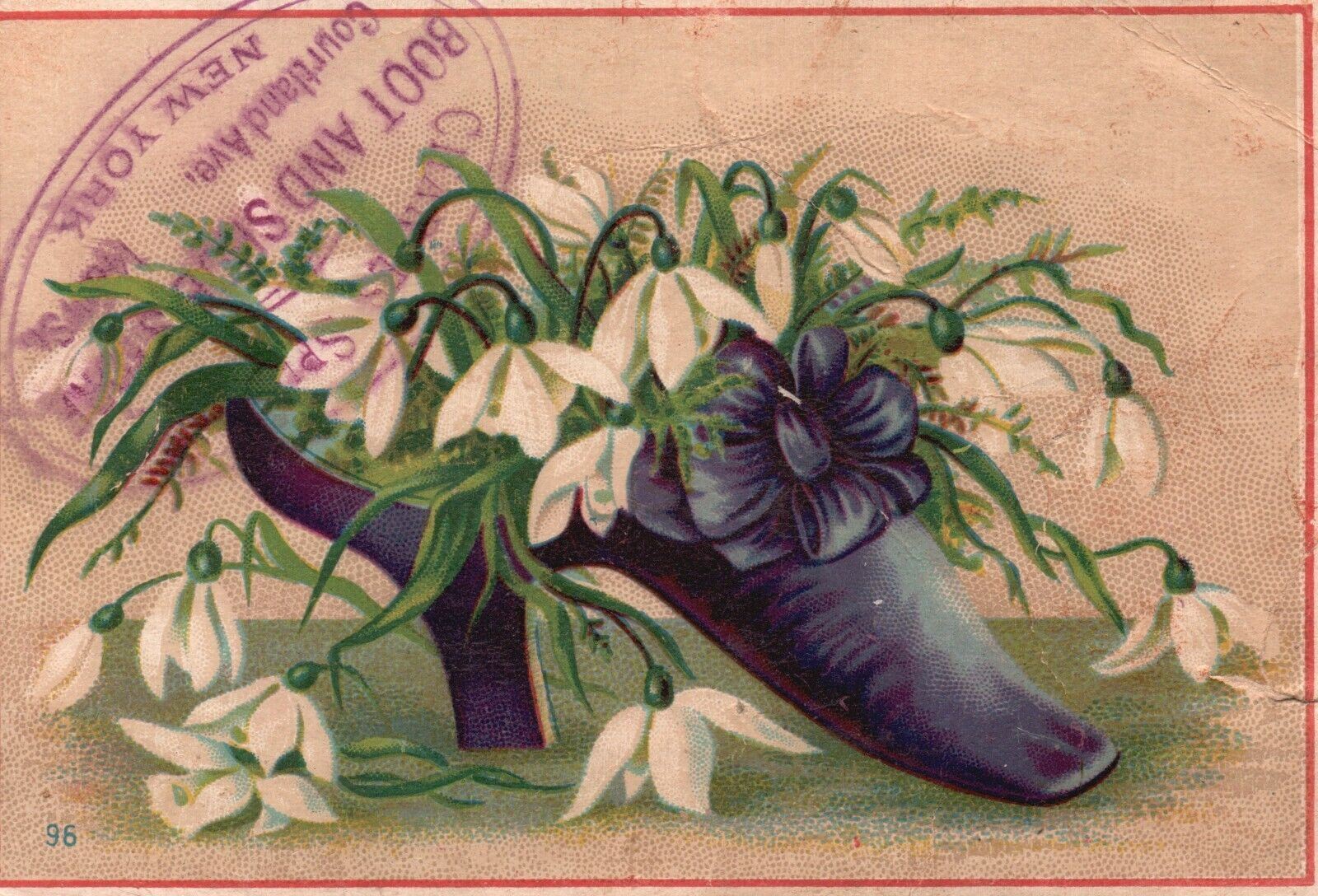 1880s-90s High Heel Blue Shoe White Flowers Charles Spil Boot & Shoes Trade Card