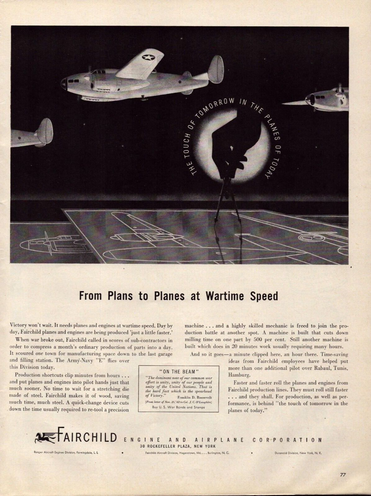 1943 Fairchild Engine & Airplane Print Ad Plans to Planes at Wartime Speed WWII