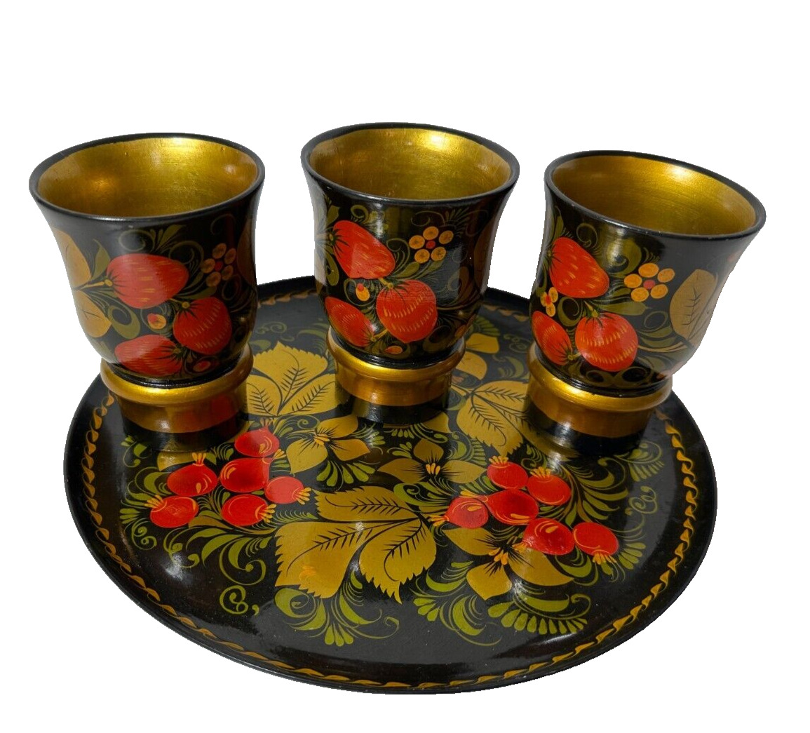 VINTAGE 4 Piece Russian Hand Painted Lacquered Wood Cup & PlasticTray