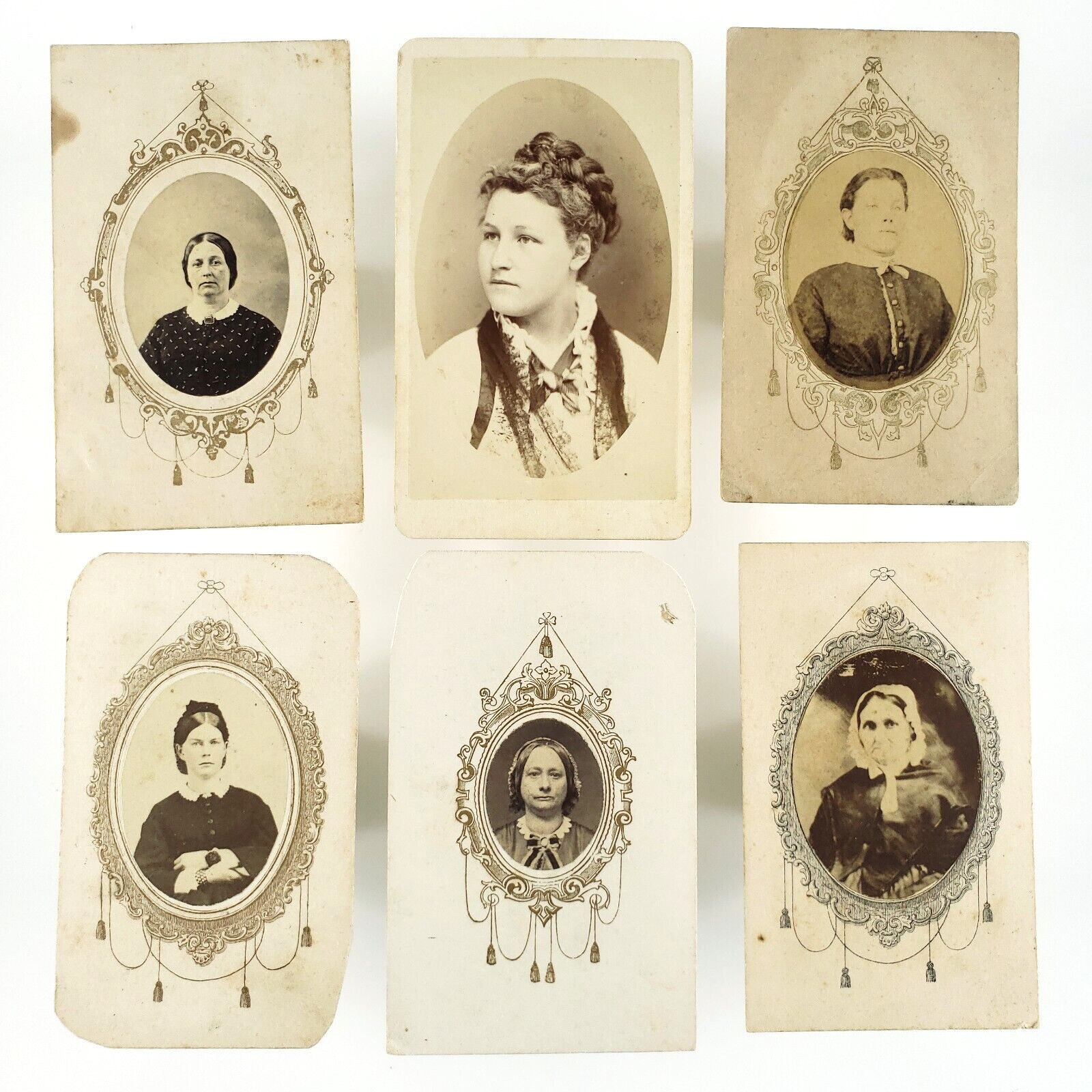 CDV Photo Lot of 6 Women with Illustrated Cartouche Frames - Binghamton New York