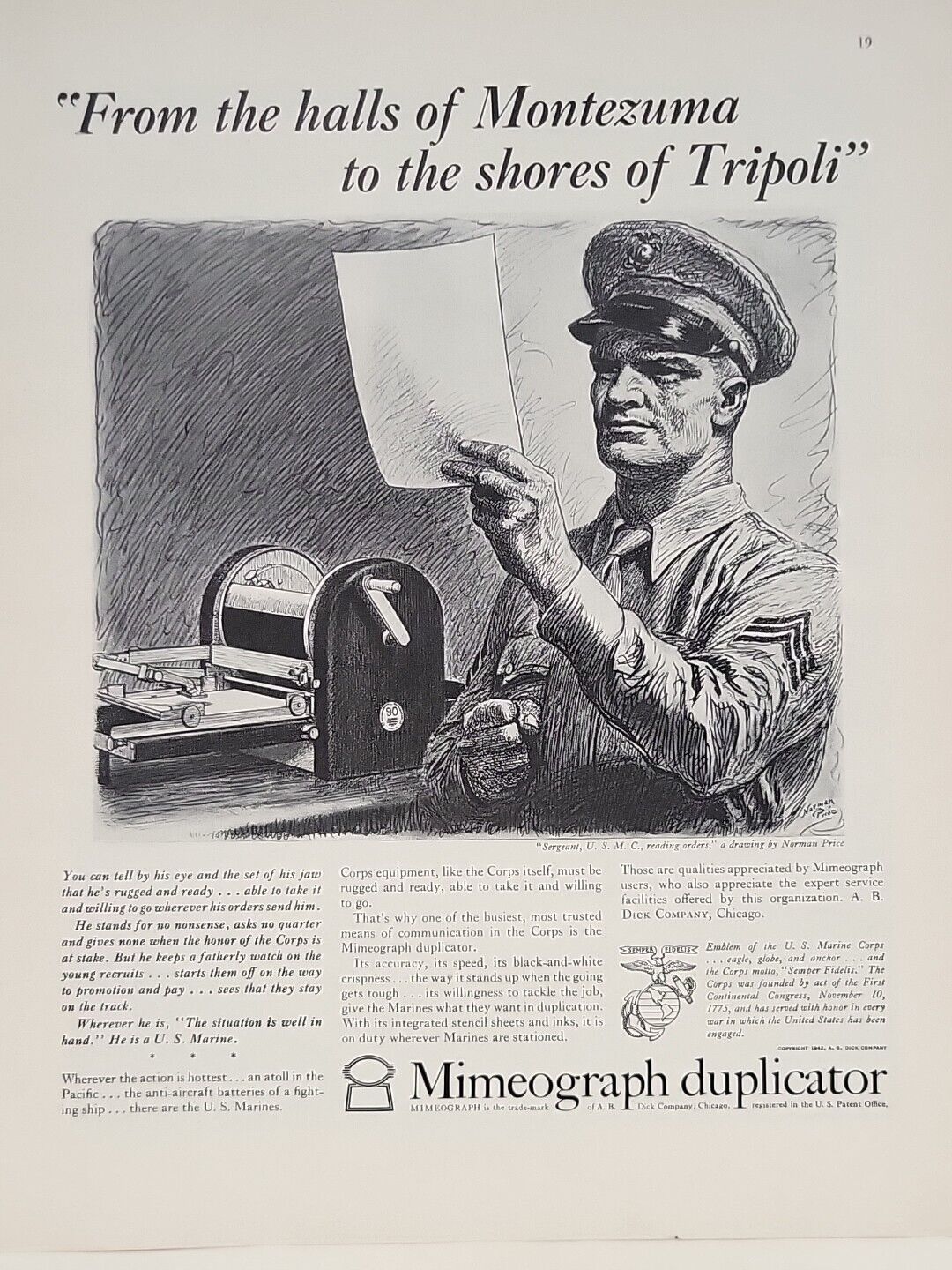 1942 Mimeograph Duplicator Fortune WW2 Print Ad Q2 U.S. Marines Sergeant Uniform