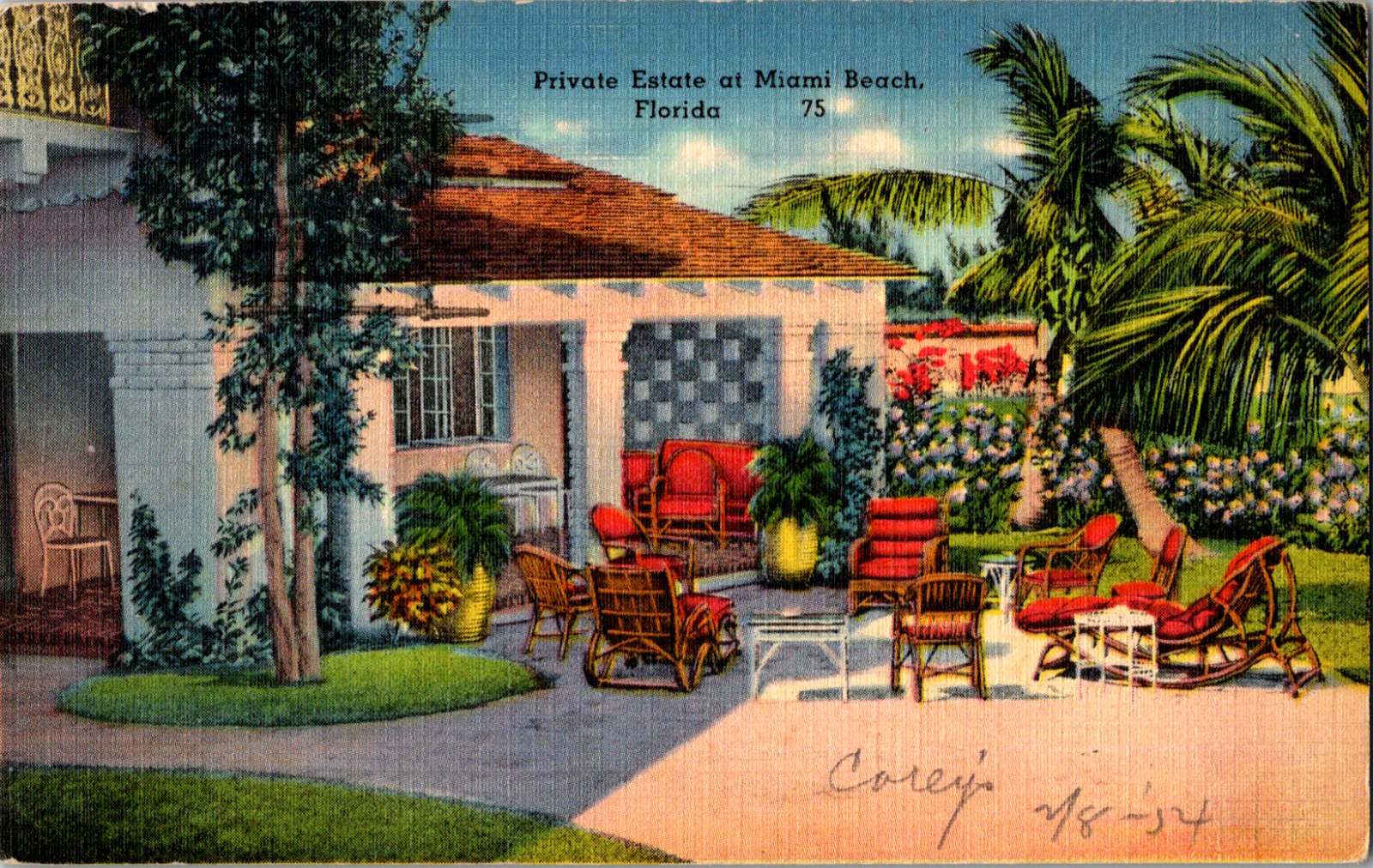 Vintage 1957 Private Estate, Kuhl Ave & Butler Drive, Miami Florida FL Postcard 
