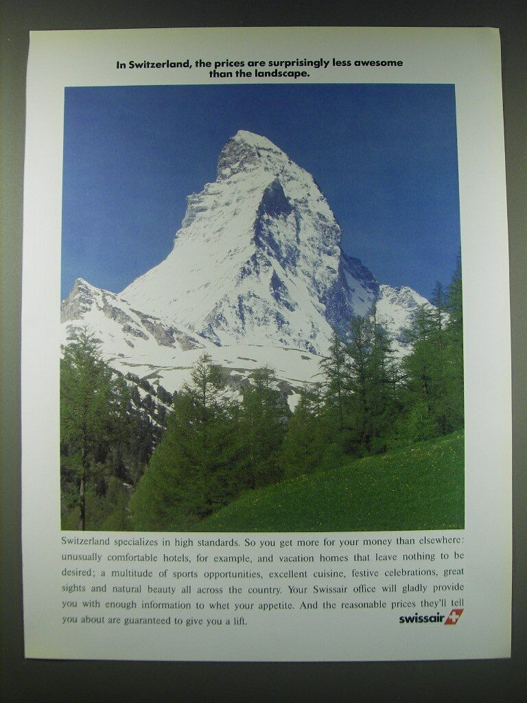 1989 SwissAir Airline Ad - In Switzerland, the prices are surprisingly less