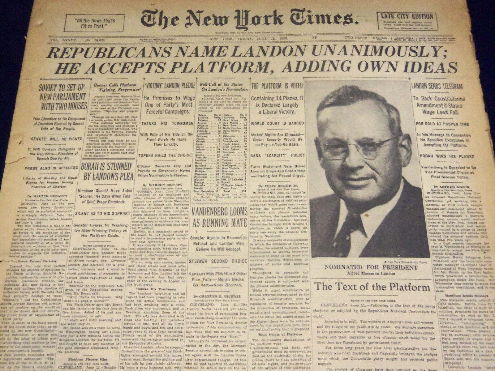 1935 JUNE 12 NEW YORK TIMES - REPUBLICANS NAME LANDON UNANIMOUSLY - NT 1936