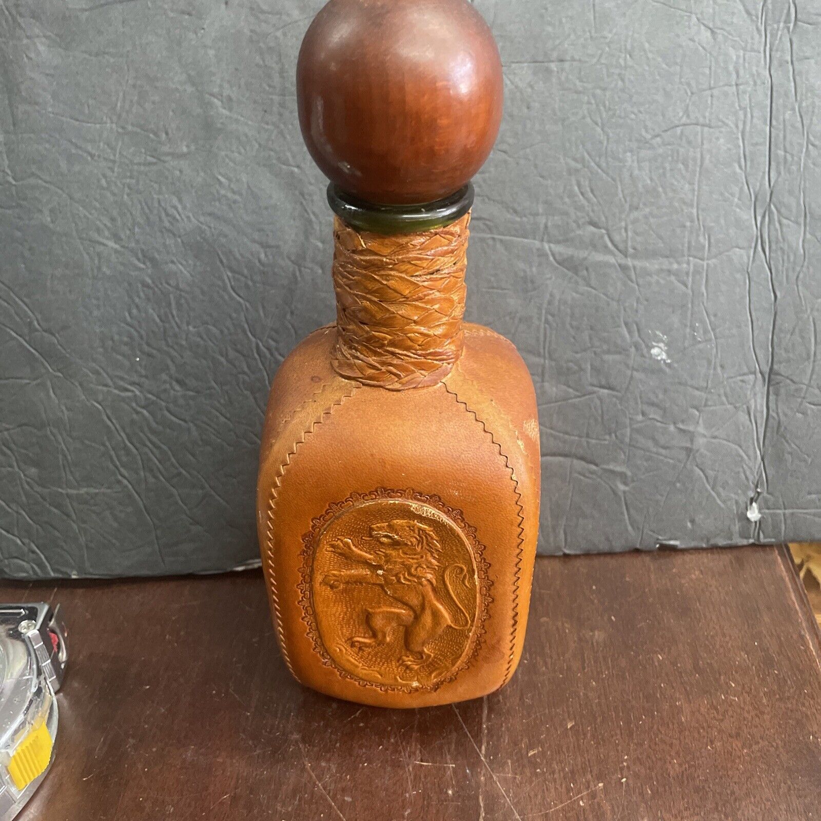 vintage italian mid century tooled leather decanter bottle lion 