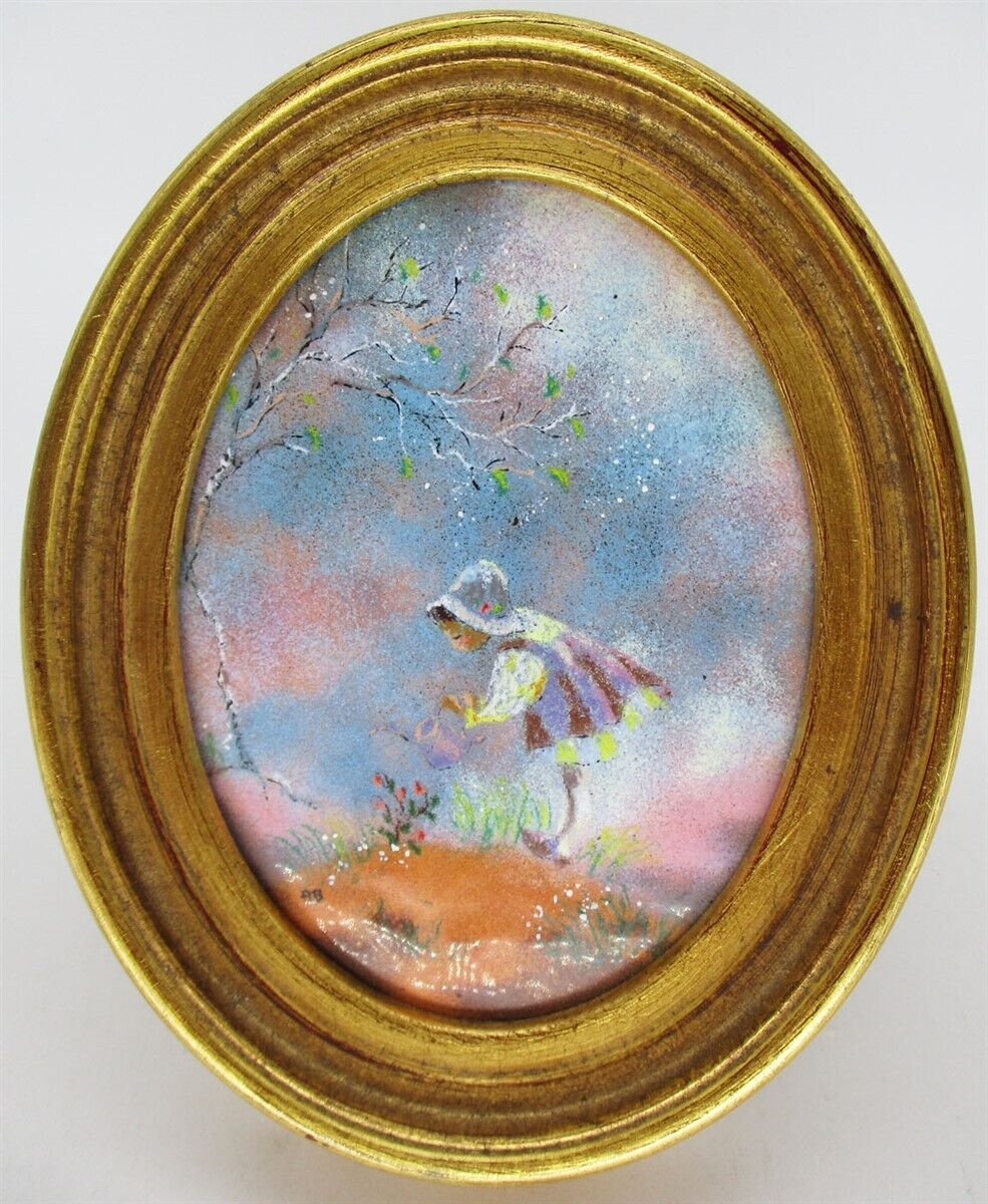 Ann Berthoin Enamel on Copper Girl Watering Flower 5.5 x 4.5