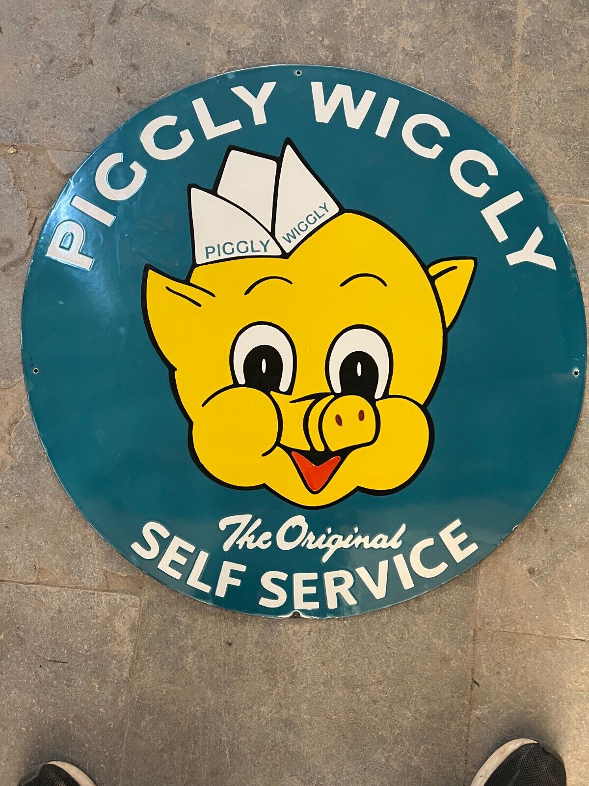 RARE PORCELAIN PIGGLY WIGGLY ENAMEL SIGN 30X30 INCHES DOUBLE SIDED