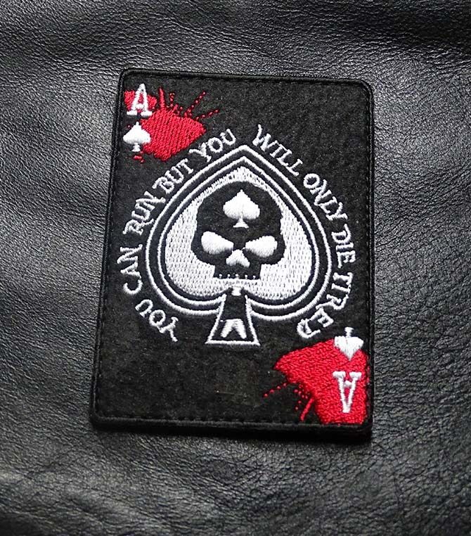 DEAD MAN'S HAND ACE SPADE YOU CAN RUN BUT IRON ON MC PATCH
