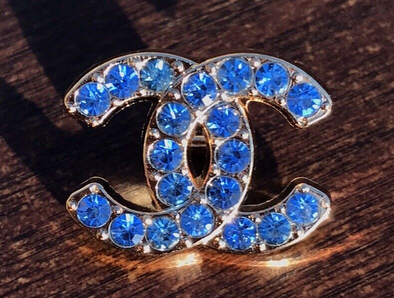 1 Chanel Blue Crystal & Gold Shank Button, 18mm Designer Button