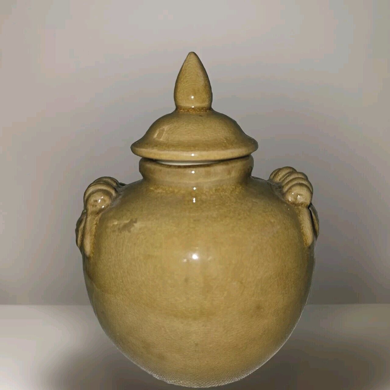 Ceramic Canister Cookie Jar Jug Mustard Yellow Pointed Top Double Handles Unique