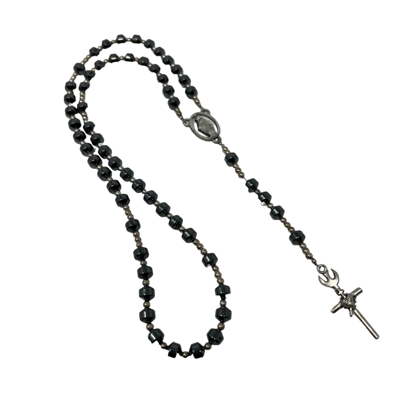 Vintage Rosary Hematite Stone Beads and Silver Tone Five Decade
