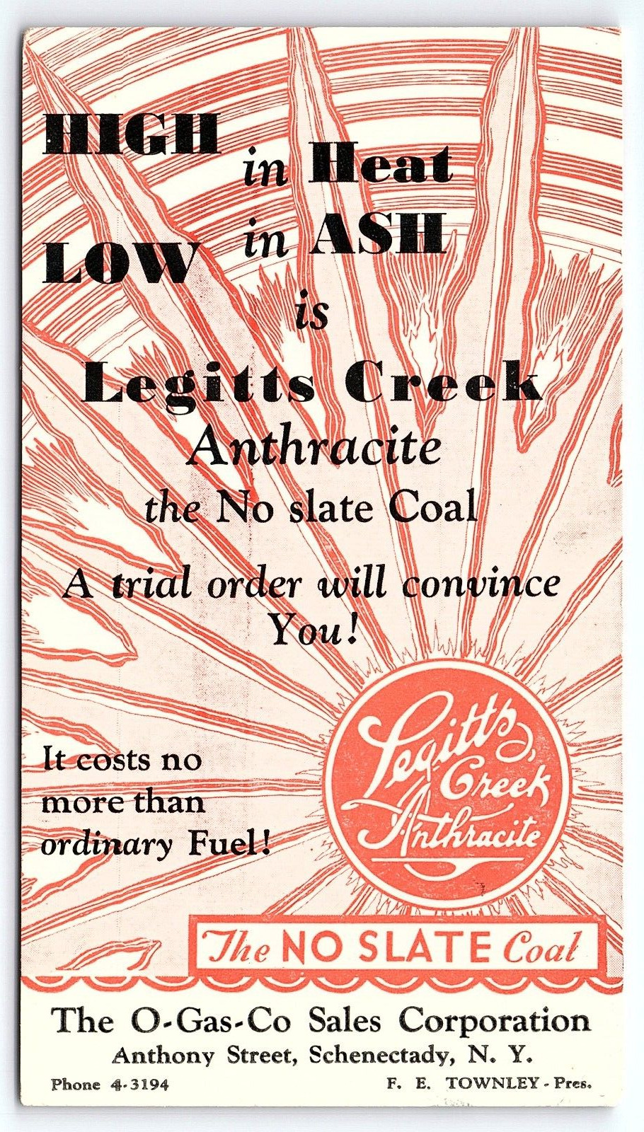 1920s SCHENECTADY NY LEGGITTS CREEK ANTHRACITE COAL  AD INK BLOTTER Z1472