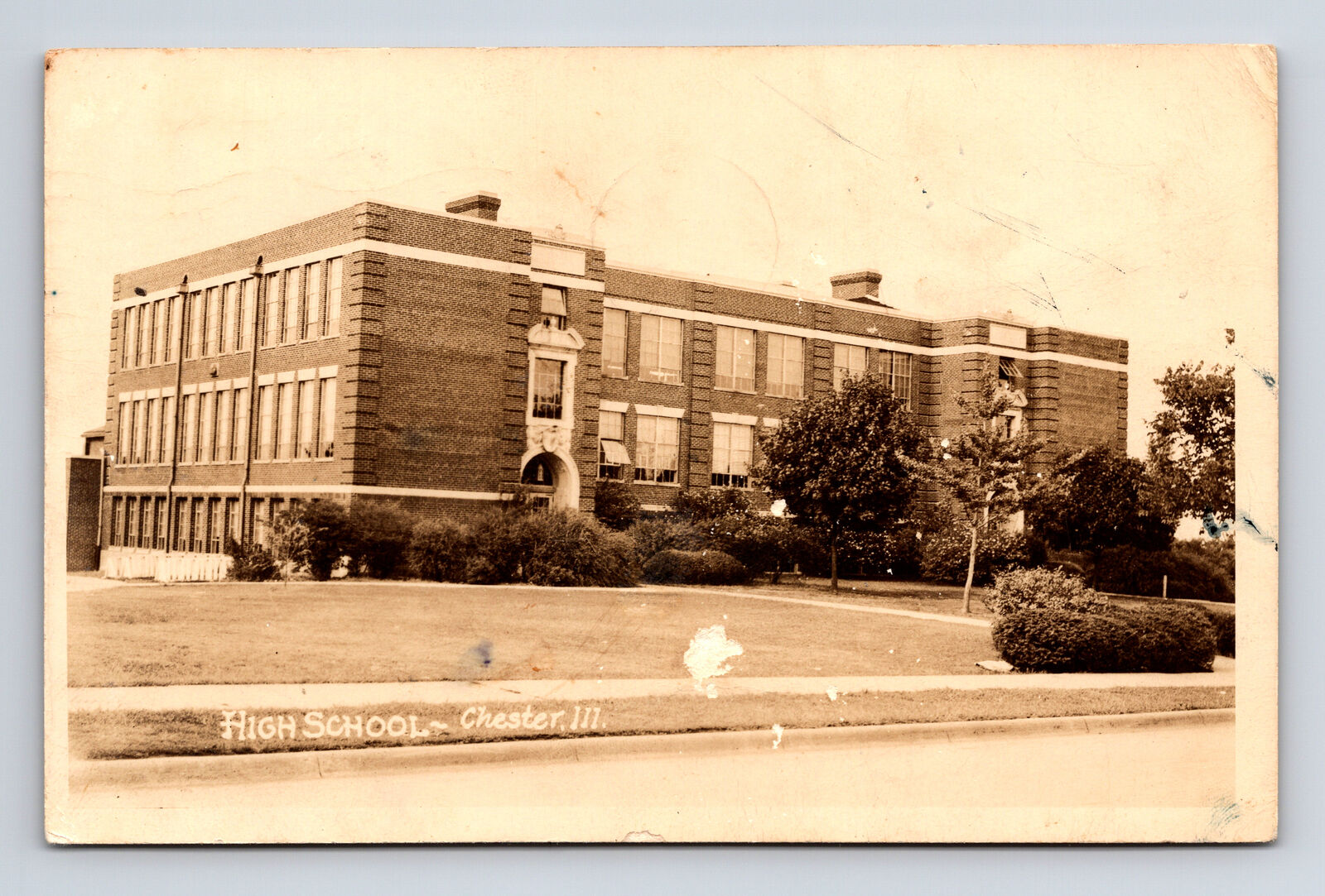 c1945 RPPC High School Chester Illinois IL Real Photo Postcard