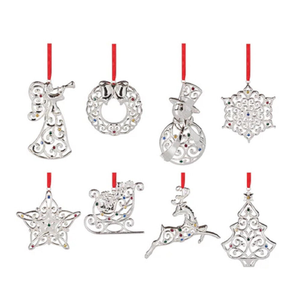 Lenox Holiday Christmas Sparkle & Scroll Multicolor Gems Ornaments - Set 8 - N/O