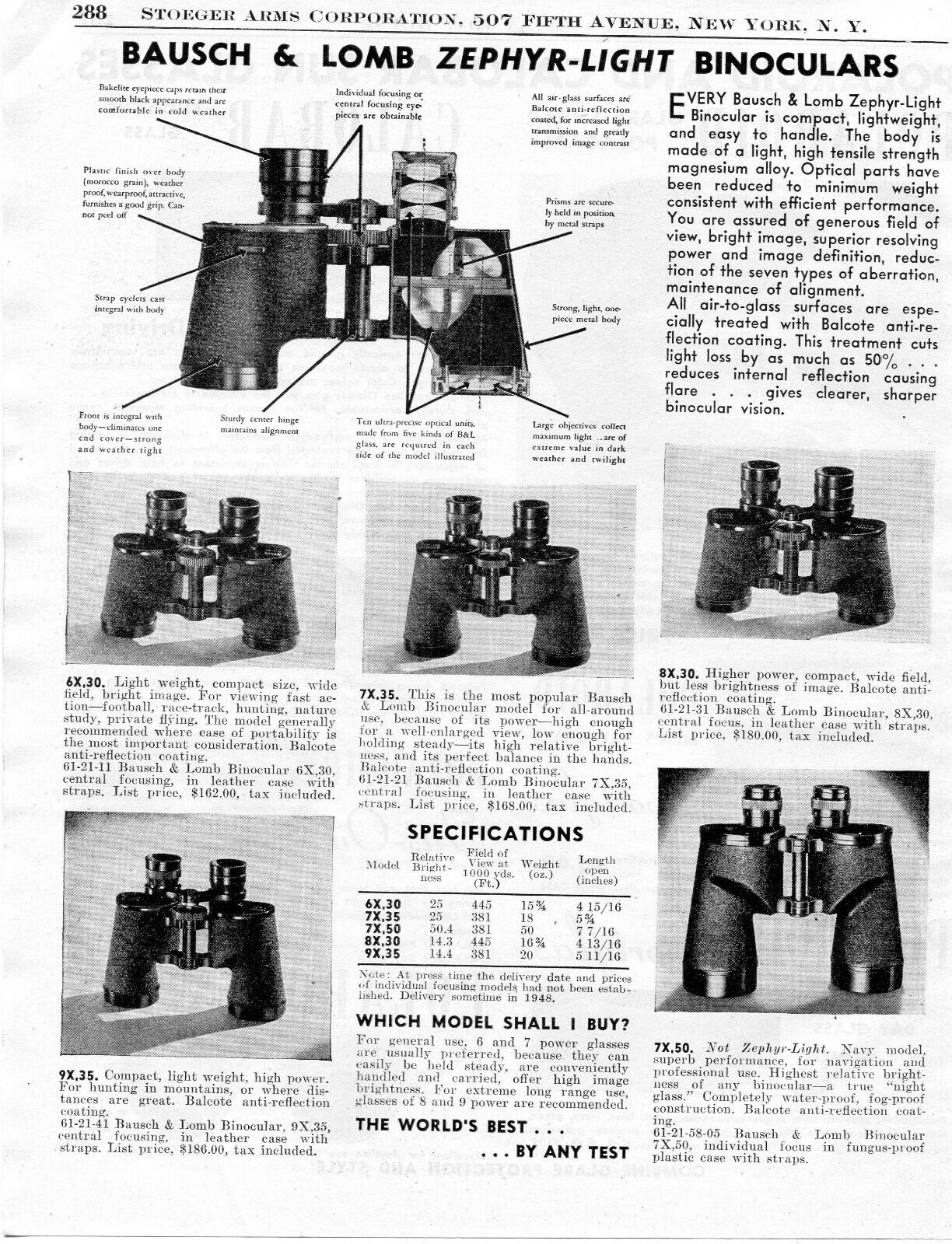 1948 Print Ad of Bausch & Lomb B&L Zephyr-Light Binoculars cutaway view