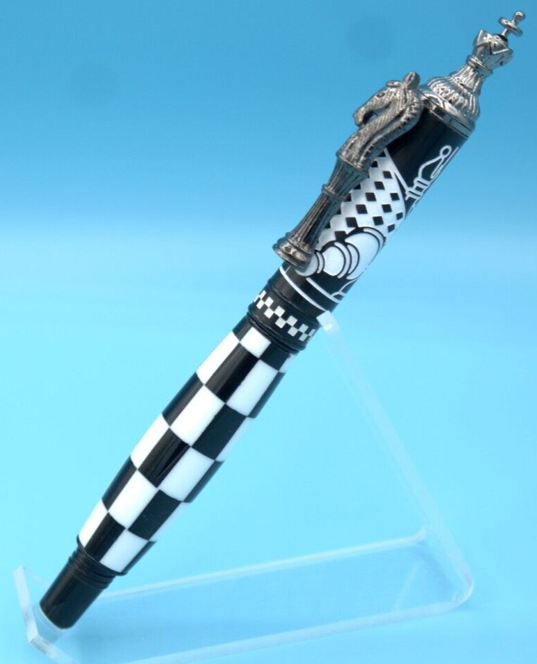 Chess Rollerball Pen in Gunmetal/Black Chrome/White with Chess Board Pen Body