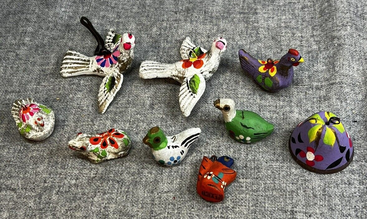 Lot of 9 Small Mexican Jalisco Pottery Christmas Ornaments - Doves, Birds, Bell