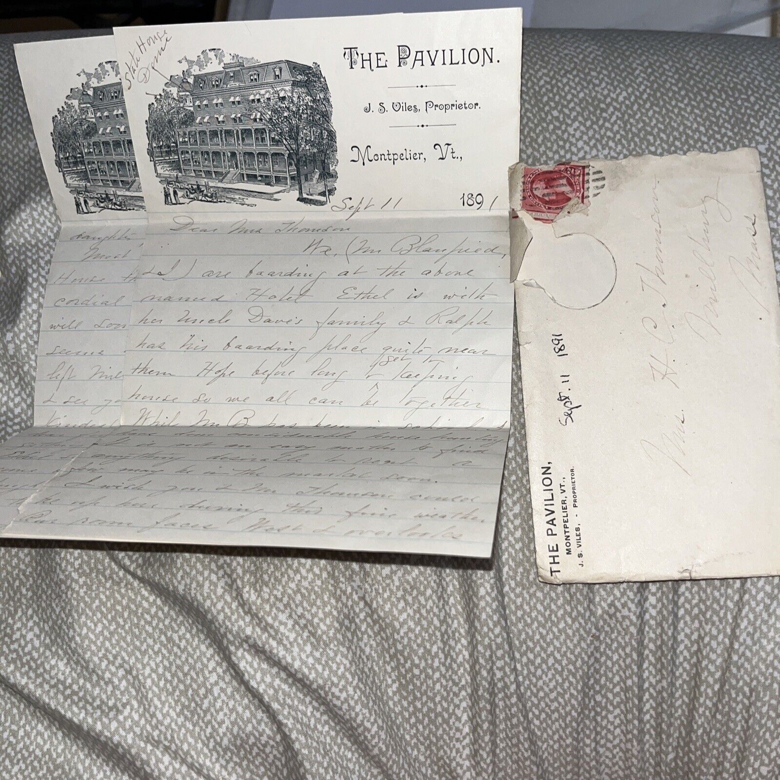 Antique 1891 Letter The Pavilion Hotel Letterhead Montpelier Vermont VT History
