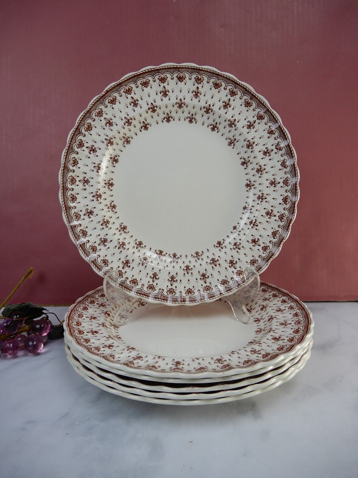 Vintage Spode Copeland Brown Fleur de Lis Design Set of Six Dinner Plates