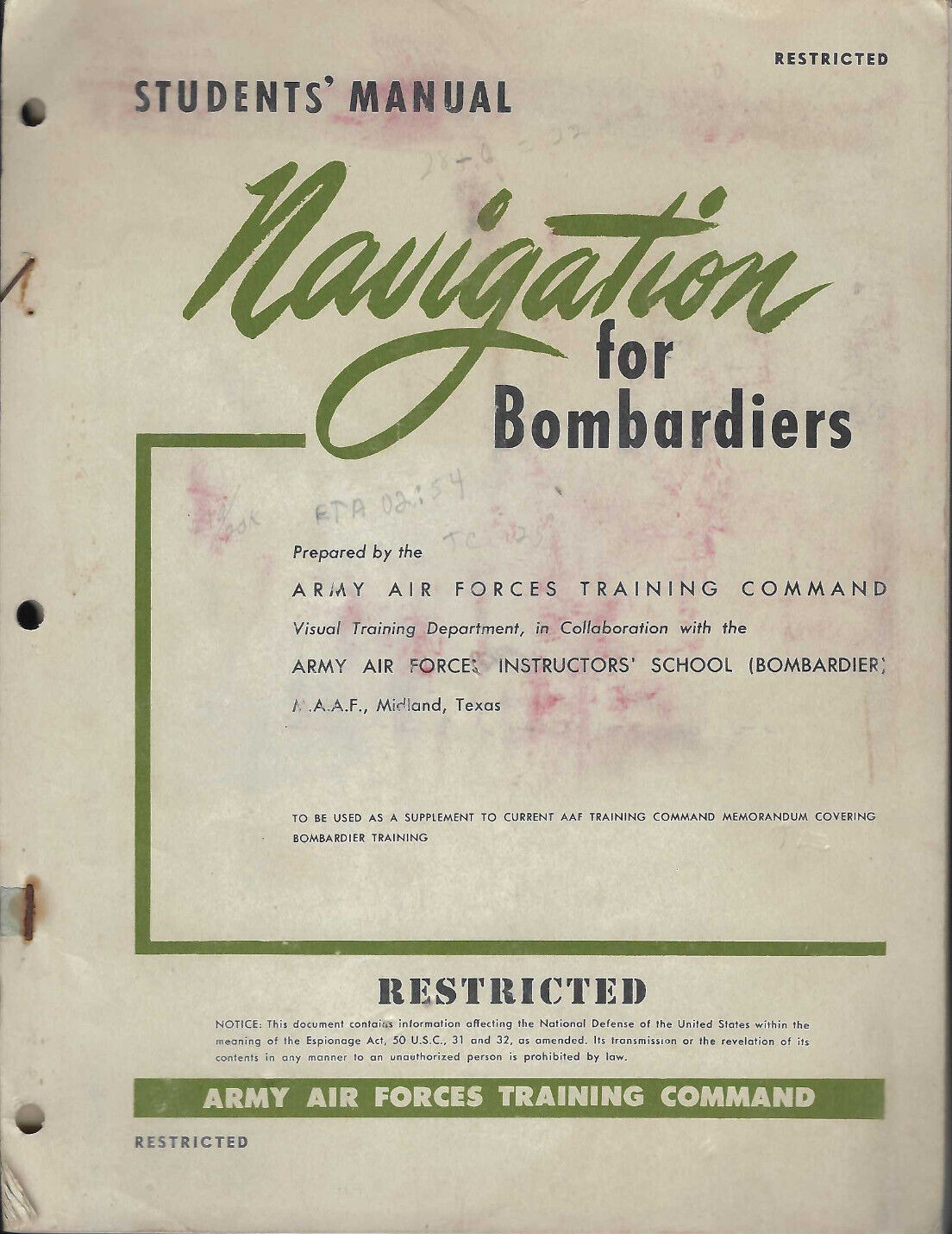 ORIGINAL 1944 WWII AAF BOOK STUDENTS' MANUAL AERIAL NAVIGATION FOR BOMBARDIERS