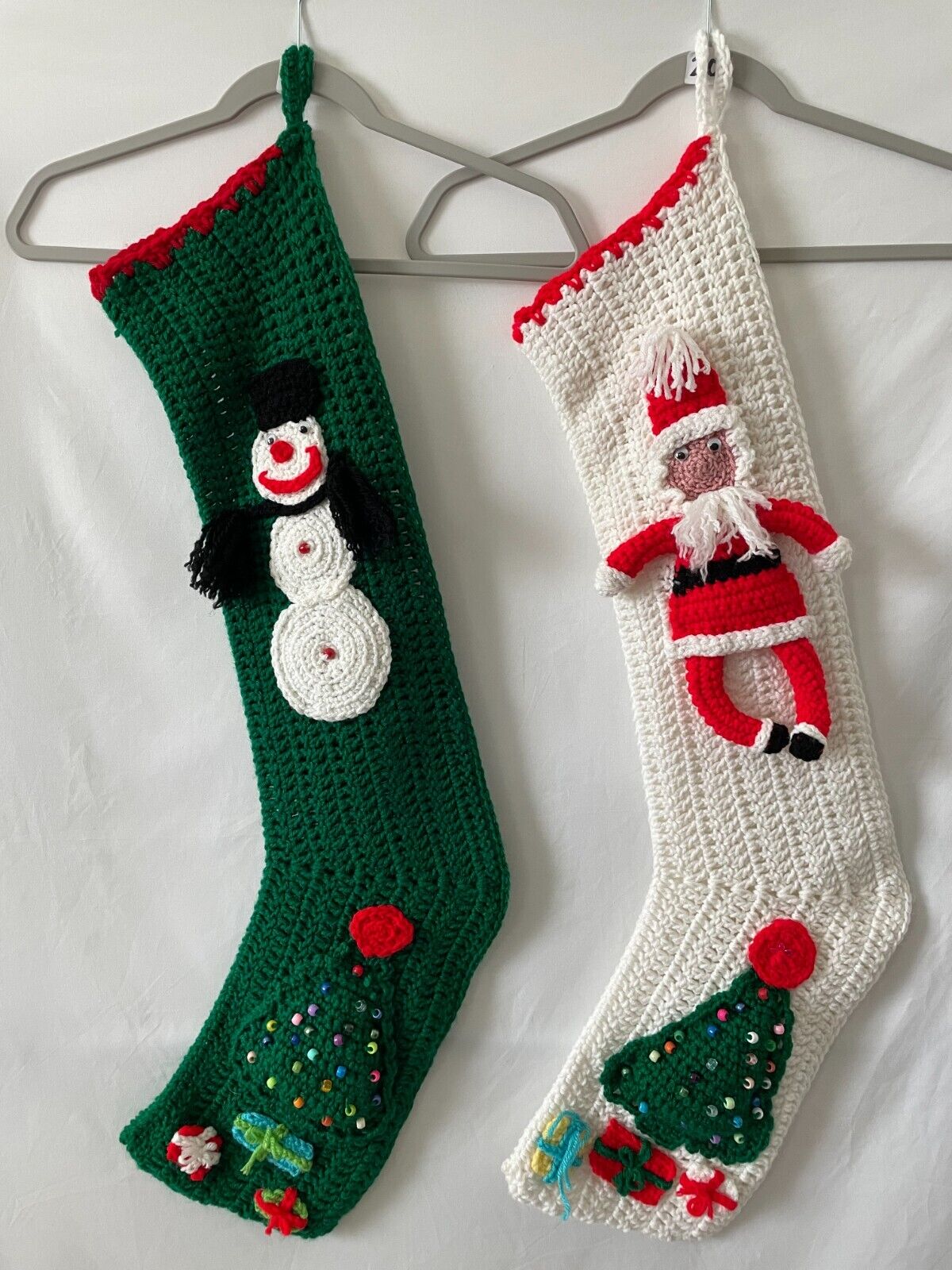 Pair Crocheted Christmas Stocking Snowman/Santa/Tree