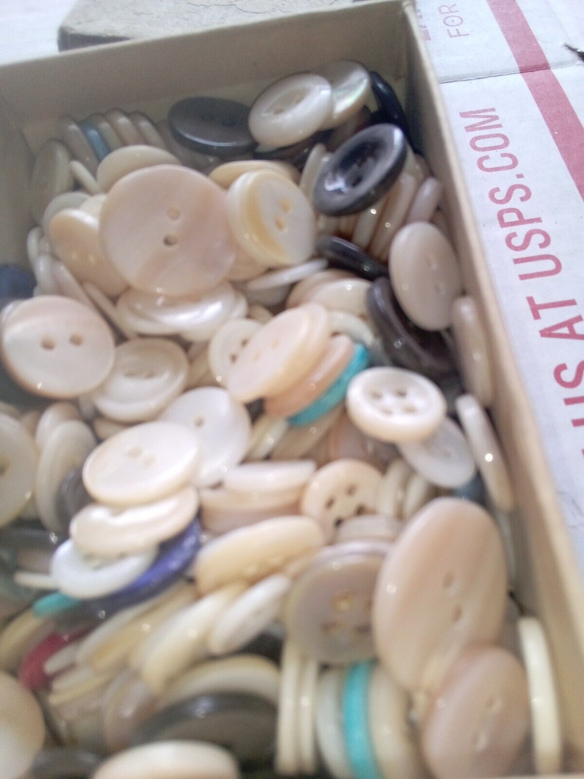 VINTAGE MOTHER OF  PEARL BUTTONS  NOS 1 lb  box Misc sizes and colors