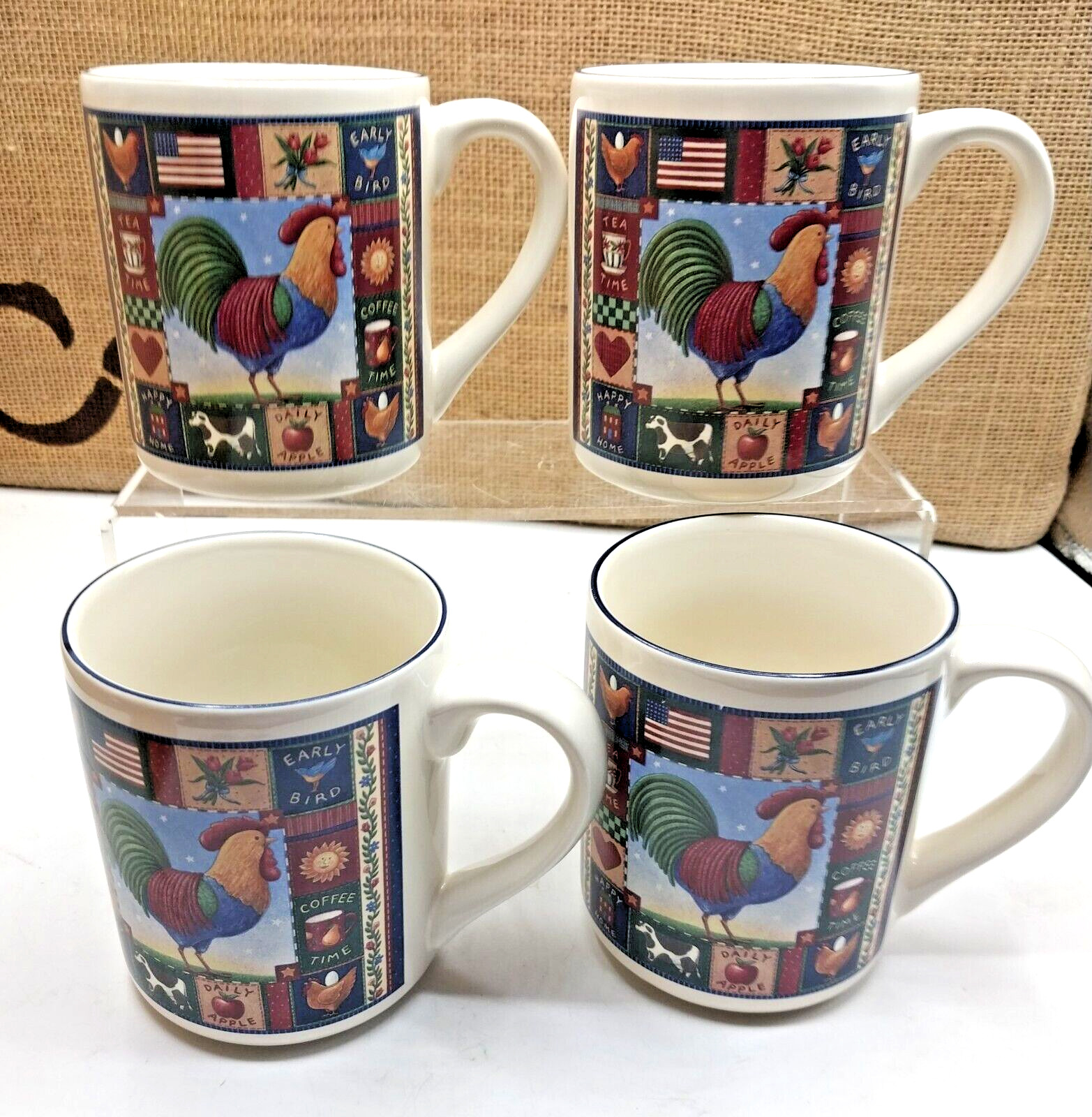 4 Vtg CIC Coco Dowley Americana Rooster Laying Hen Farm Life Coffee Cups Mugs