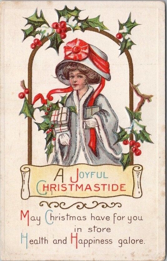 Vintage 1908 CHRISTMAS Embossed Postcard Lady in Large Hat / Gifts - Fashion