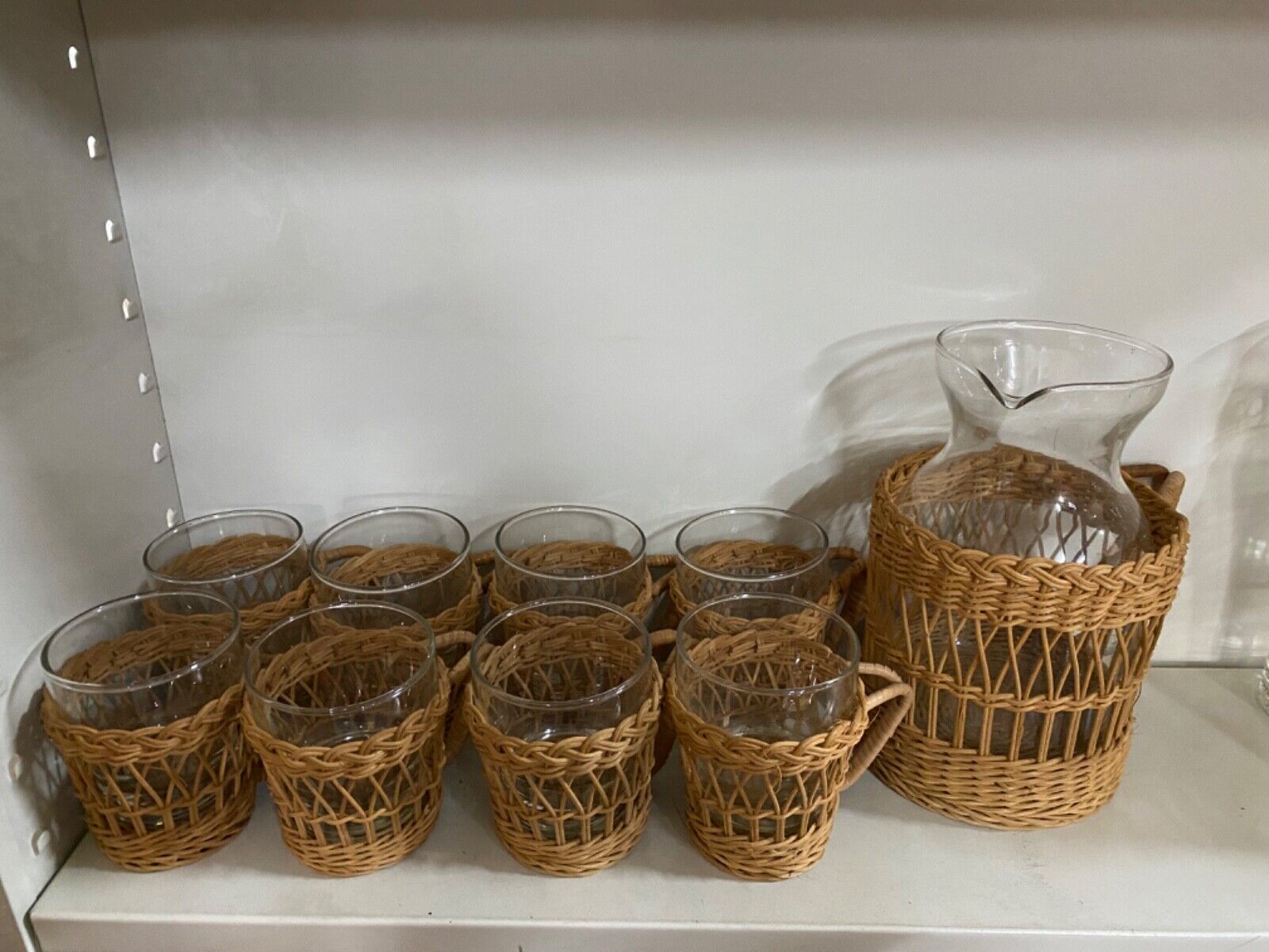Vintage Wicker and Glass Caraffe and 8 Juice Glasses