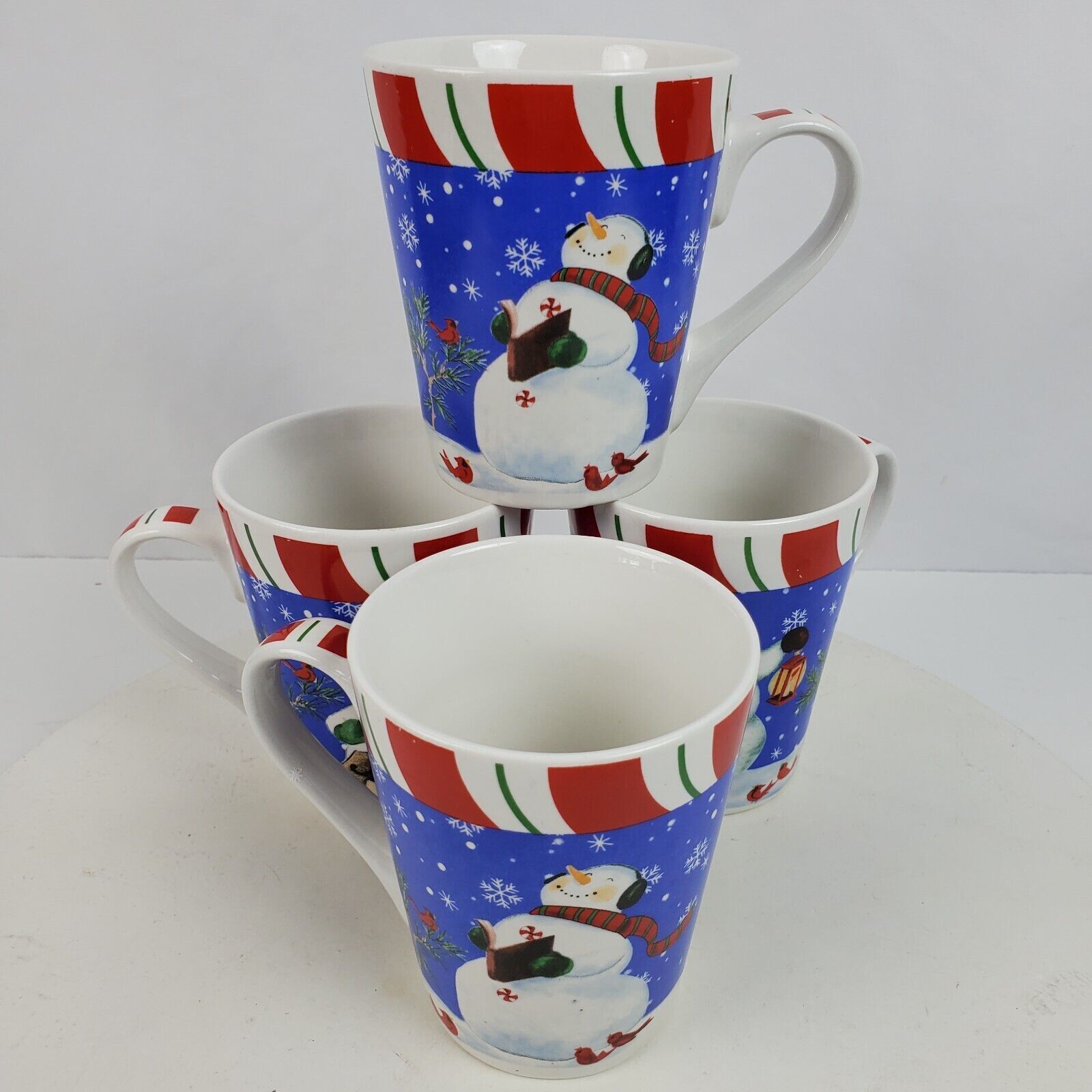 Vintage 1990s Christmas Holiday Snowman Cardinals SET OF 4 Mugs 4.5