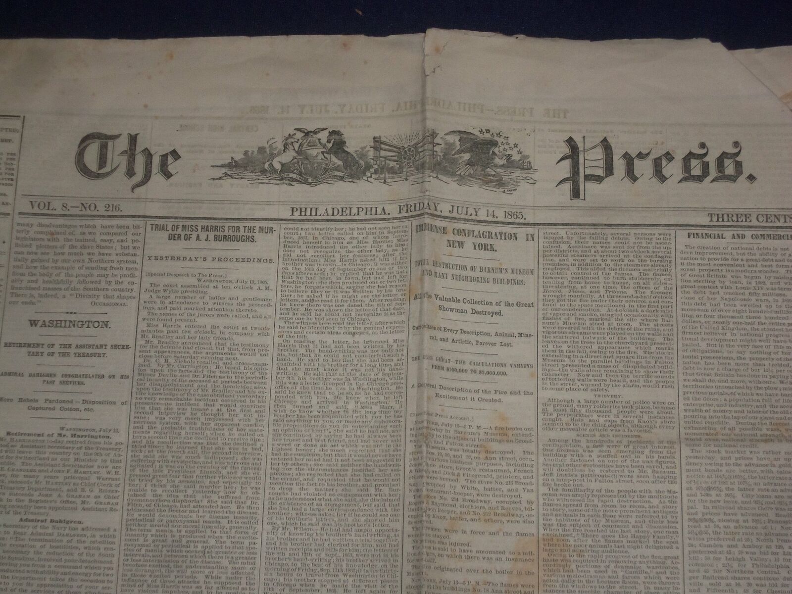1865 JULY 14 PHILADELPHIA PRESS NEWSPAPER - BARNUM\'S MUSEUM DESTROYED - NP 5045
