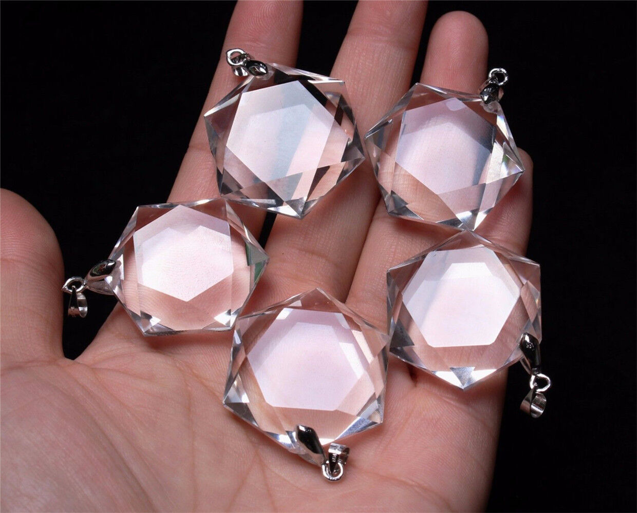 5 Pcs Hexagon Pendant - Natural Clear Quartz Crystal 3D Hexagon / Star of David