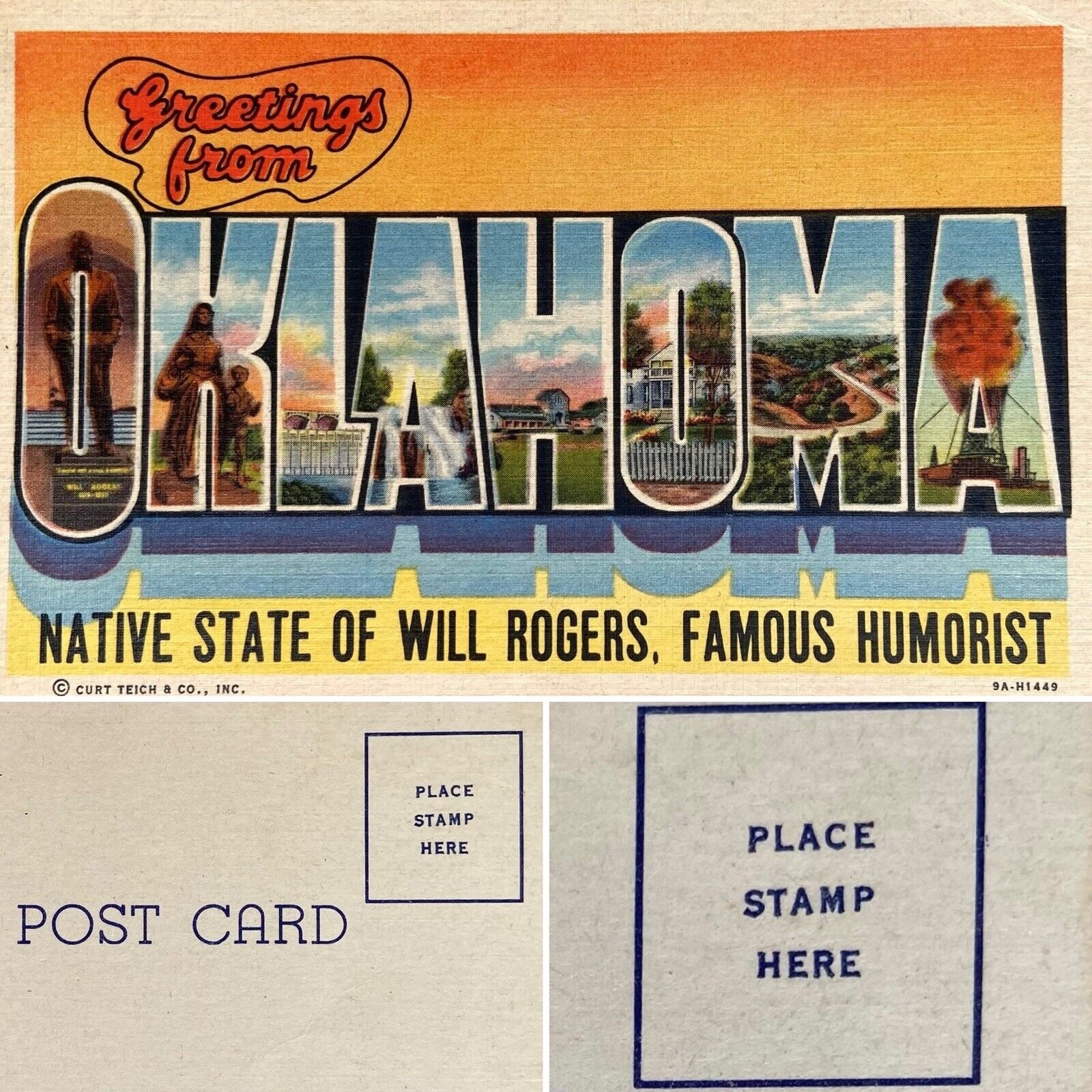 Postcard OK Large Letter Greetings from Oklahoma Will Rogers Teich Linen 1939