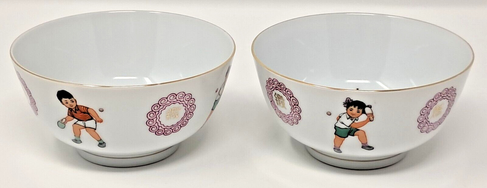 Pair of Liling China Ping Pong Kids Rice Bowl boy girl porcelain ceramic vintage