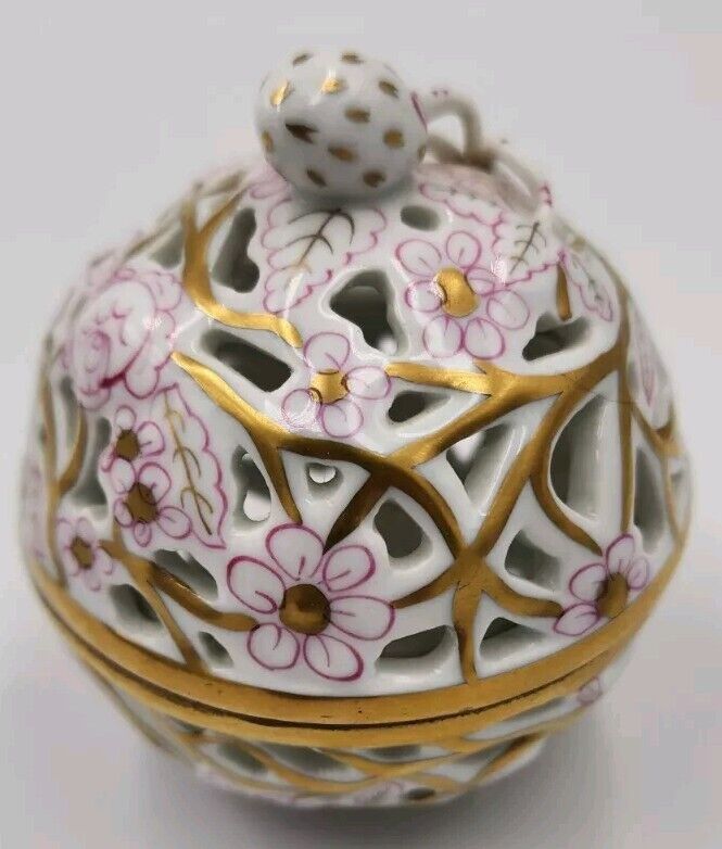 Herend Hand-painted Open-work Porcelain Bonbonniere Pink & Gold with Strawberry 