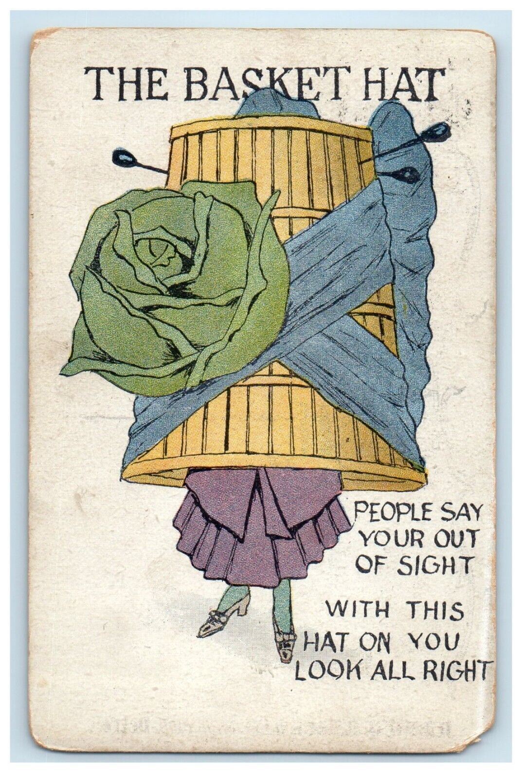 1909 Girl In A Basket Hat Flower Weird Posted Antique Postcard
