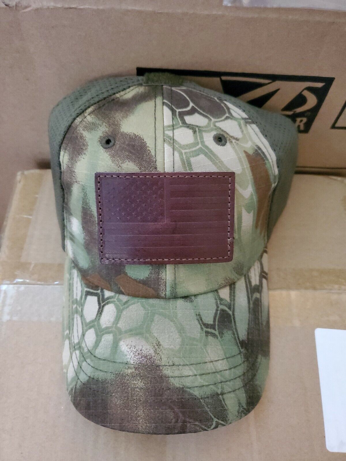Condor Kryptek Mandrake Mesh Tactical Cap / Hat w USA leather flag patch
