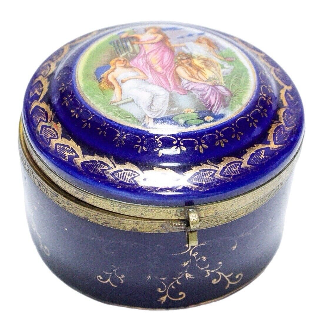 Vintage French Gold Gilt Cobalt Blue Porcelain Round Trinket Box