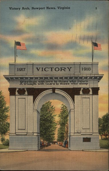 1942 Newport News,VA Victory Arch Virginia Dominion News Agency Linen Postcard