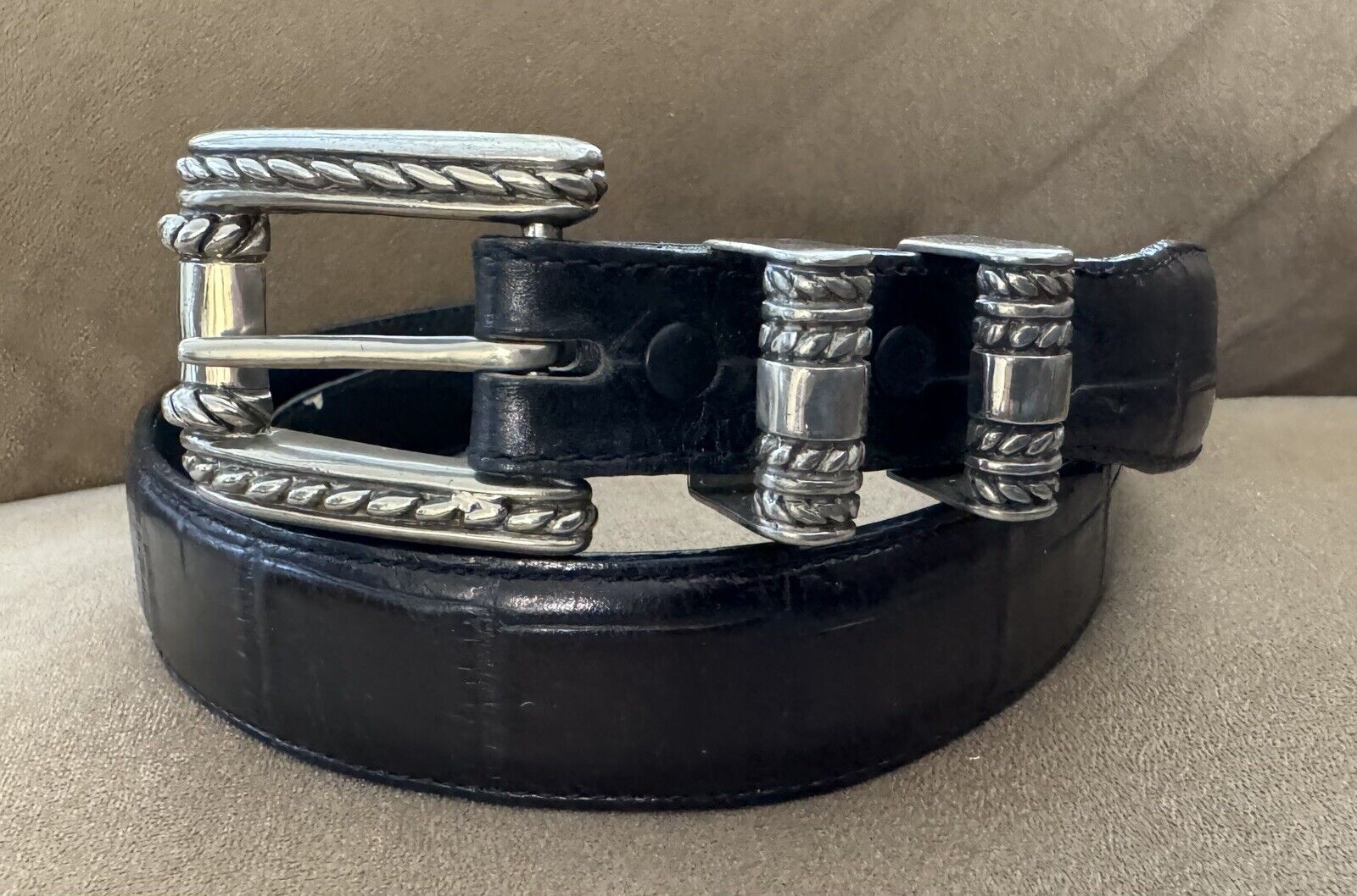 Vintage Premium VINCENZA Sterling Silver 3 Piece Belt Buckle Set & Leather Belt