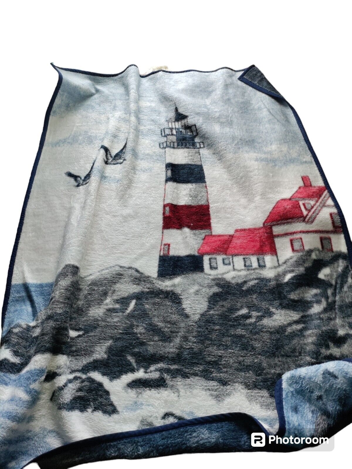 Vintage Biederlack Lighthouse Throw Blanket Reversible Nautical Made in USA