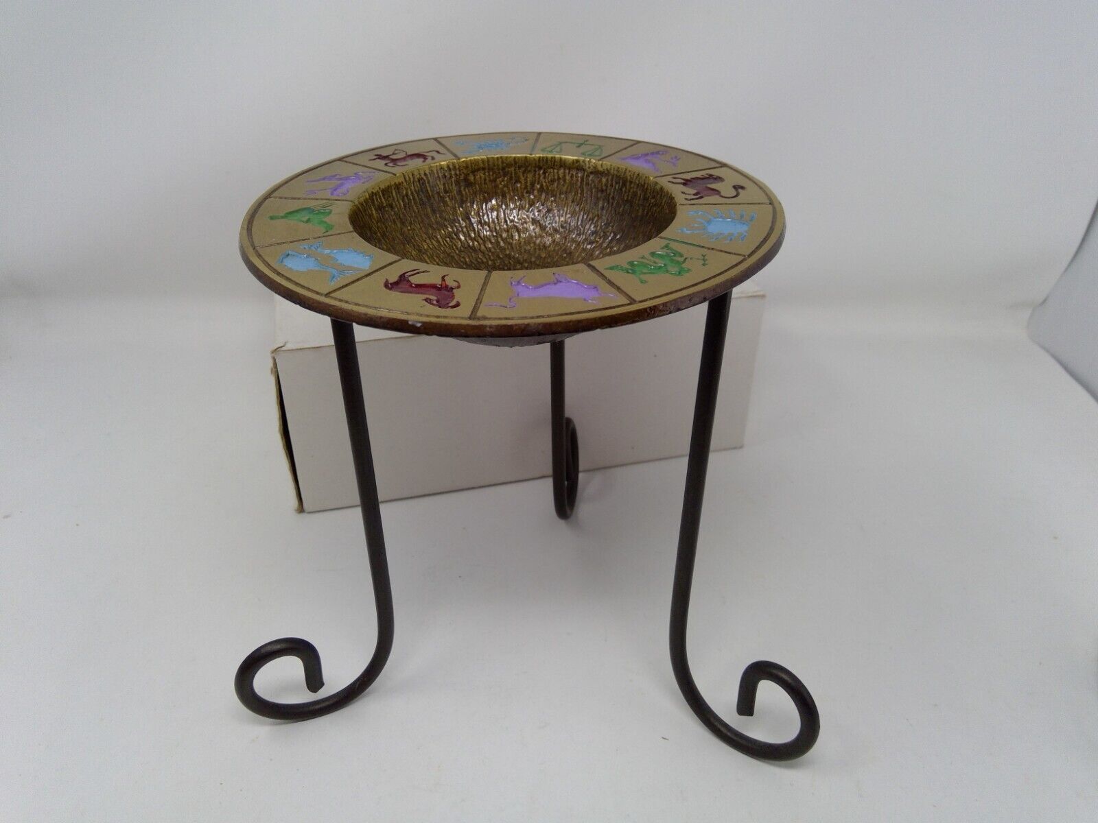 Made in Israel Hen-Holon Brass Zodiac Bowl Candleholder w/ Wrought Iron Stand