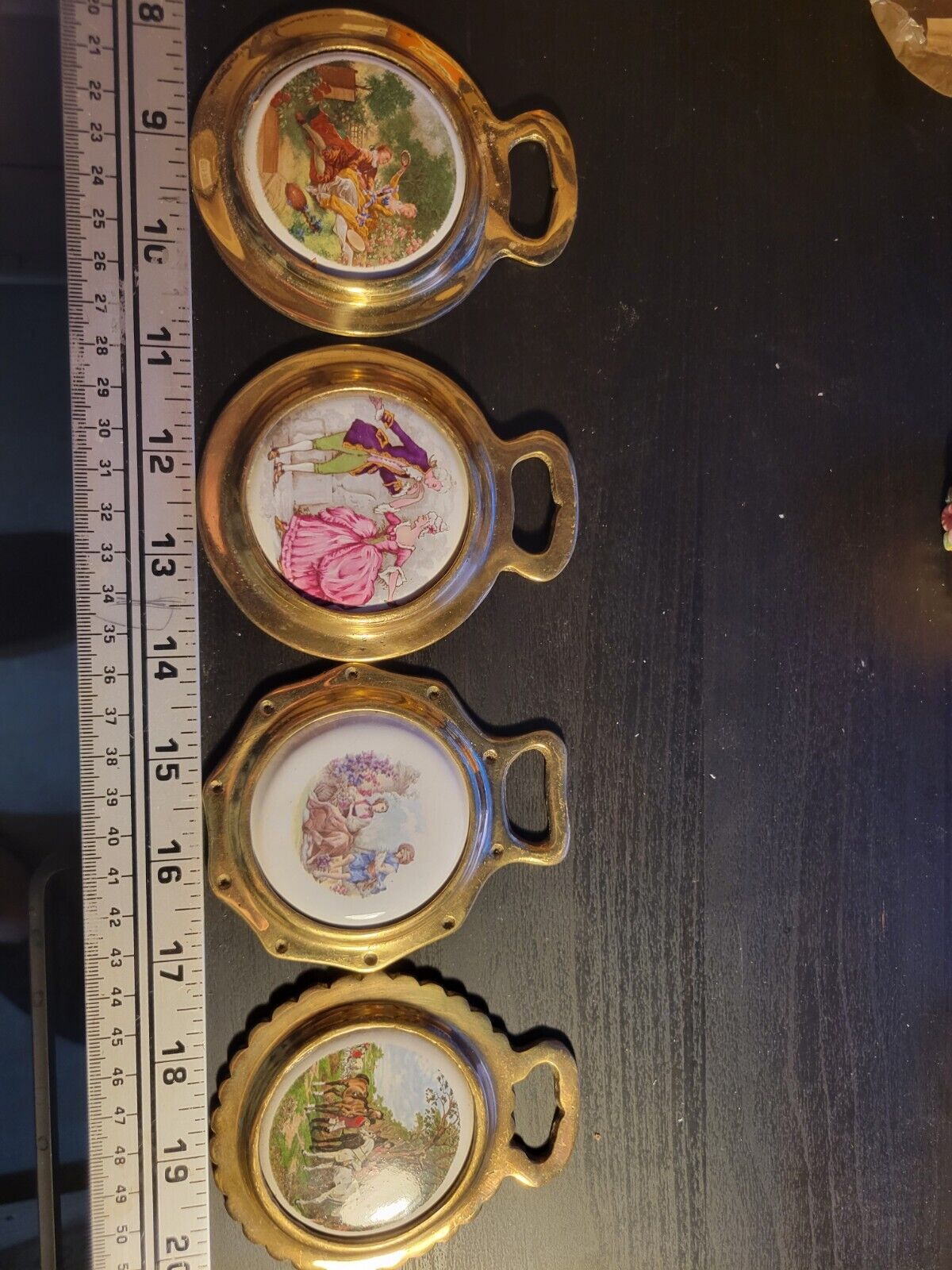 Set Of 4 Beautiful Vintage Handpainted Porcelain And Brass Pendants