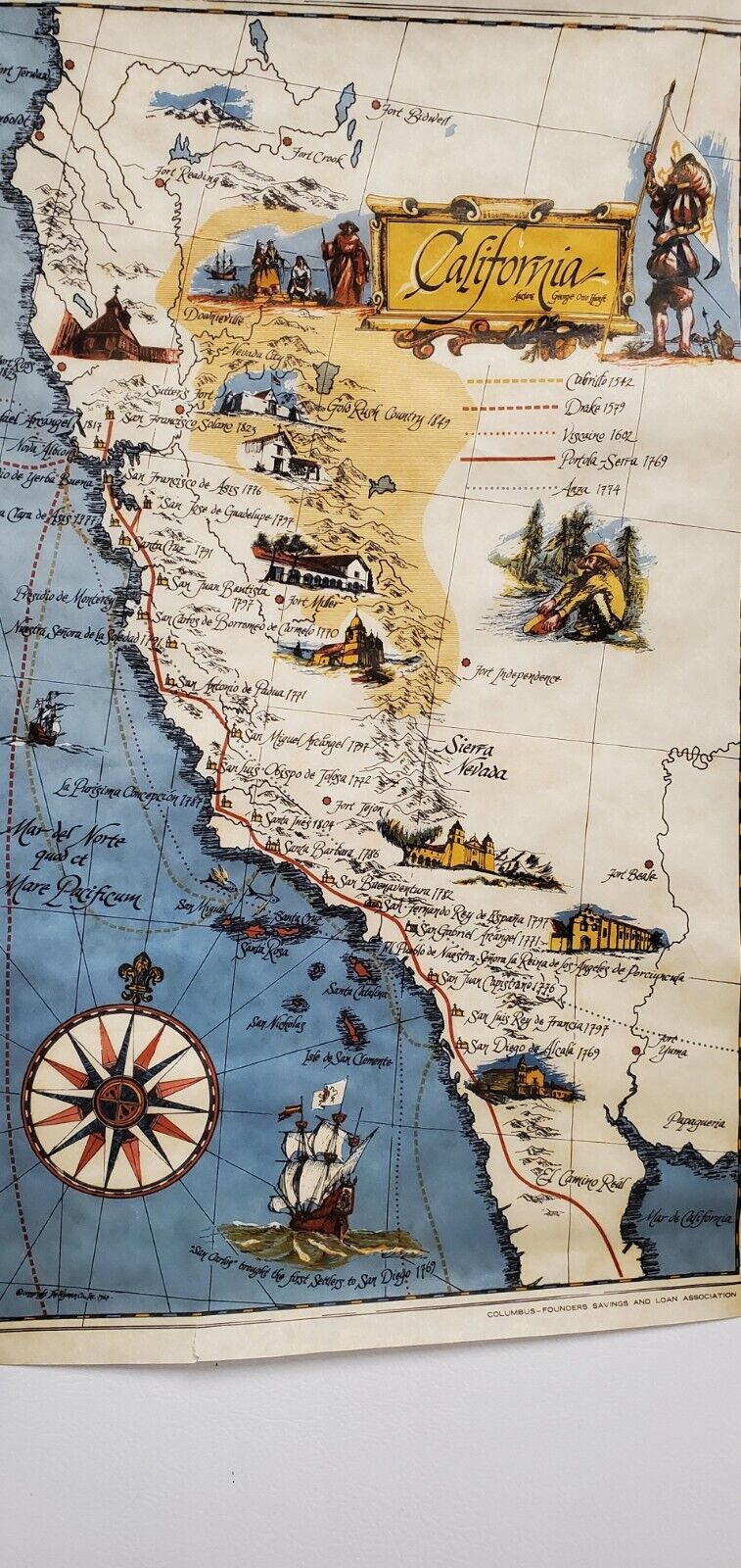 VINTAGE ILLUSTRATED MAP OF EARLY CALIFORNIA HISTORY BY GEORGE OTTO HANFT 1967. 